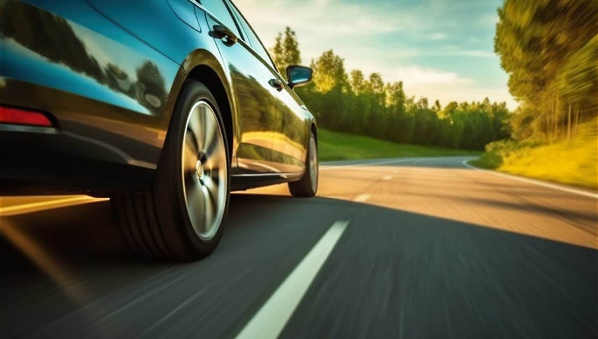 Low angle side view of car rushes along the highway at sunset